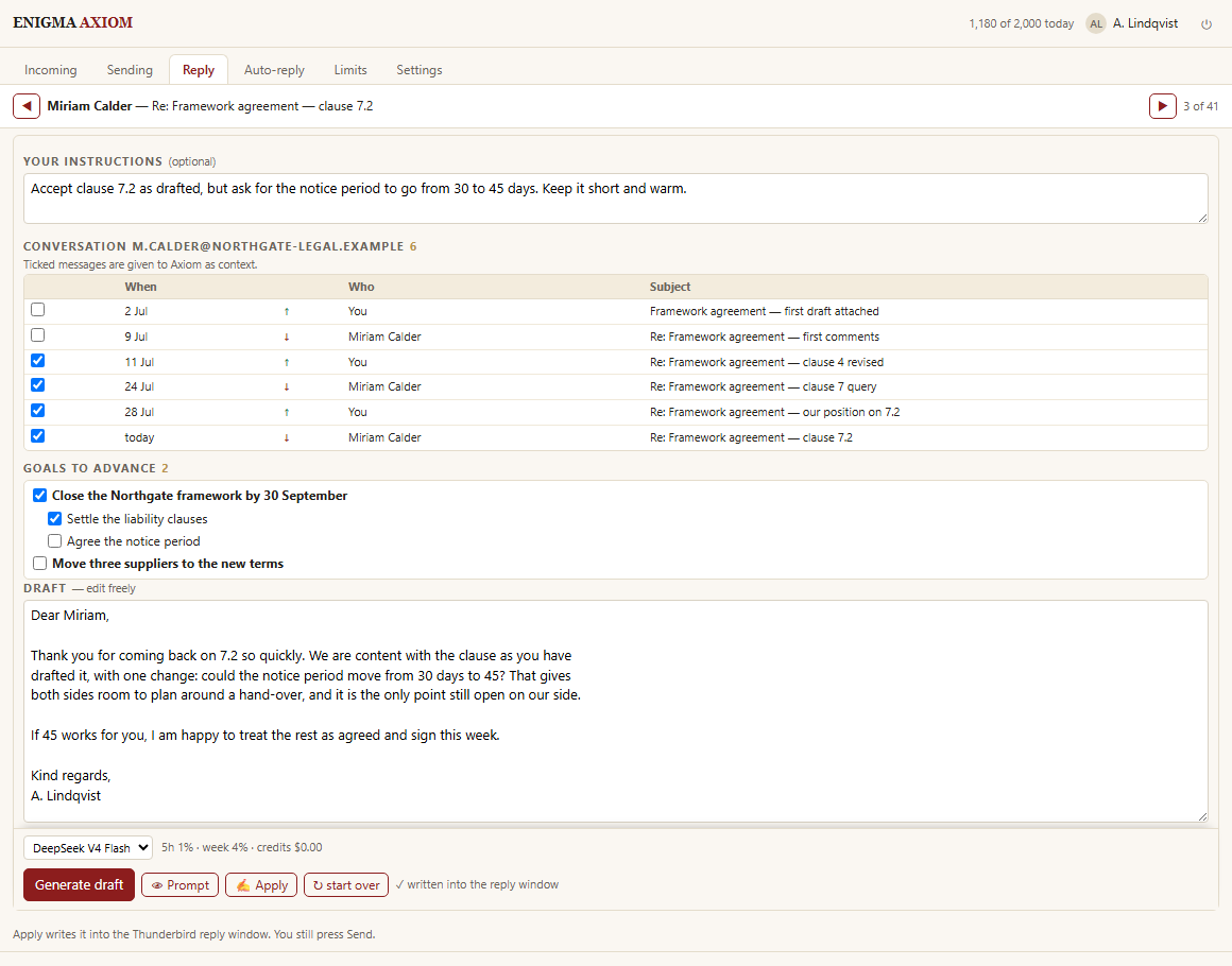 The Axiom composer: the conversation it read, the goals it was told to advance, and the finished reply.